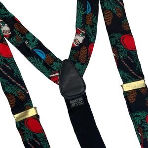 Vintage Addiction Silk Suspenders Christmas Holiday Black Santa Pinecone Braces